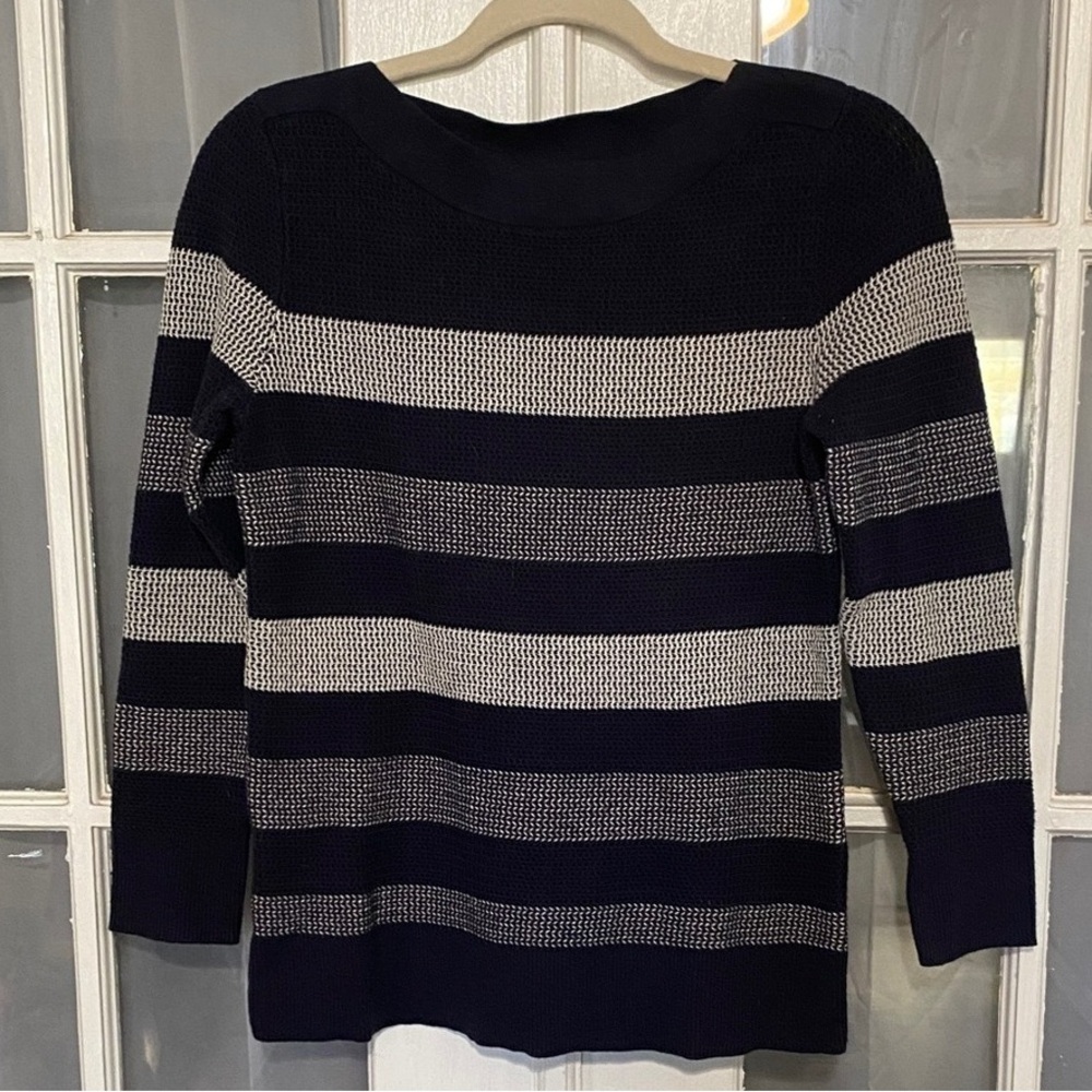 Navy and White Striped Women's Crew Neck Sweater
